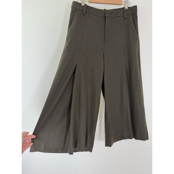 Vince Wool Pants Culottes Crop Wide Leg Pleated Dark Olive Green 8 - Picture 2 of 8